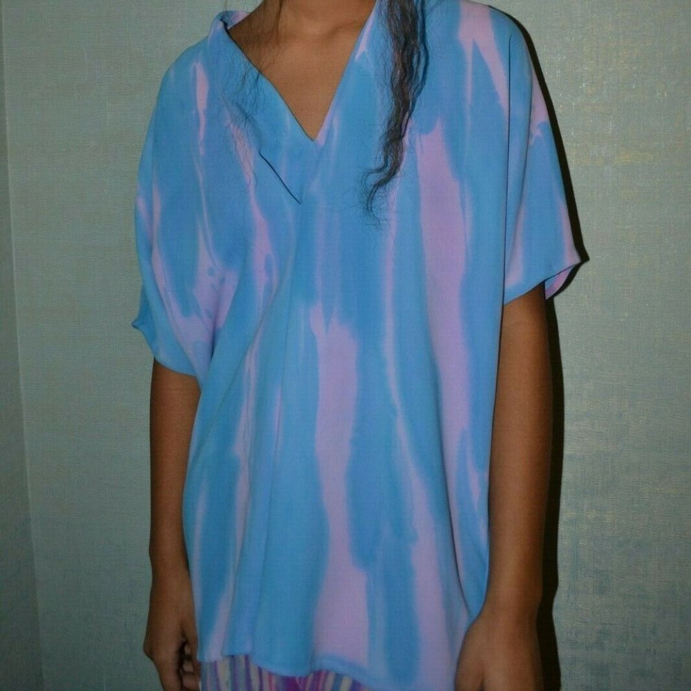 New painted Silk Vince shirt popover blouse dolman caftan top pink blue striped - Picture 8 of 13